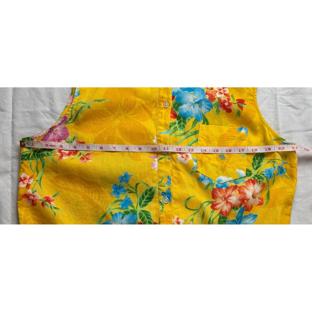 Lauren Ralph Lauren Yellow Linen Tropical Floral Tie Front Sleeveless Shirt L - Picture 6 of 11